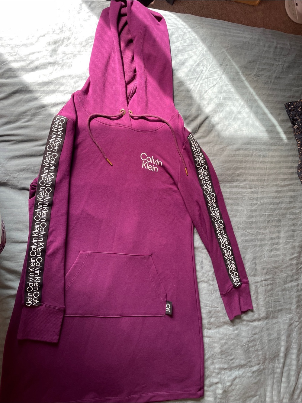 Calvin Klein Raspberry Hooded Sweatshirt Dress with Logo Tape Sleeves